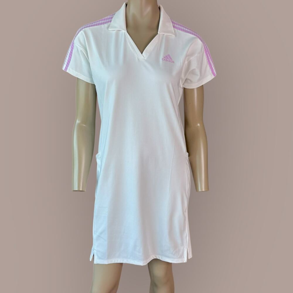 Adidas Womens Athletic Tennis Golf Polo Dress Size M White Short Sleeve Striped